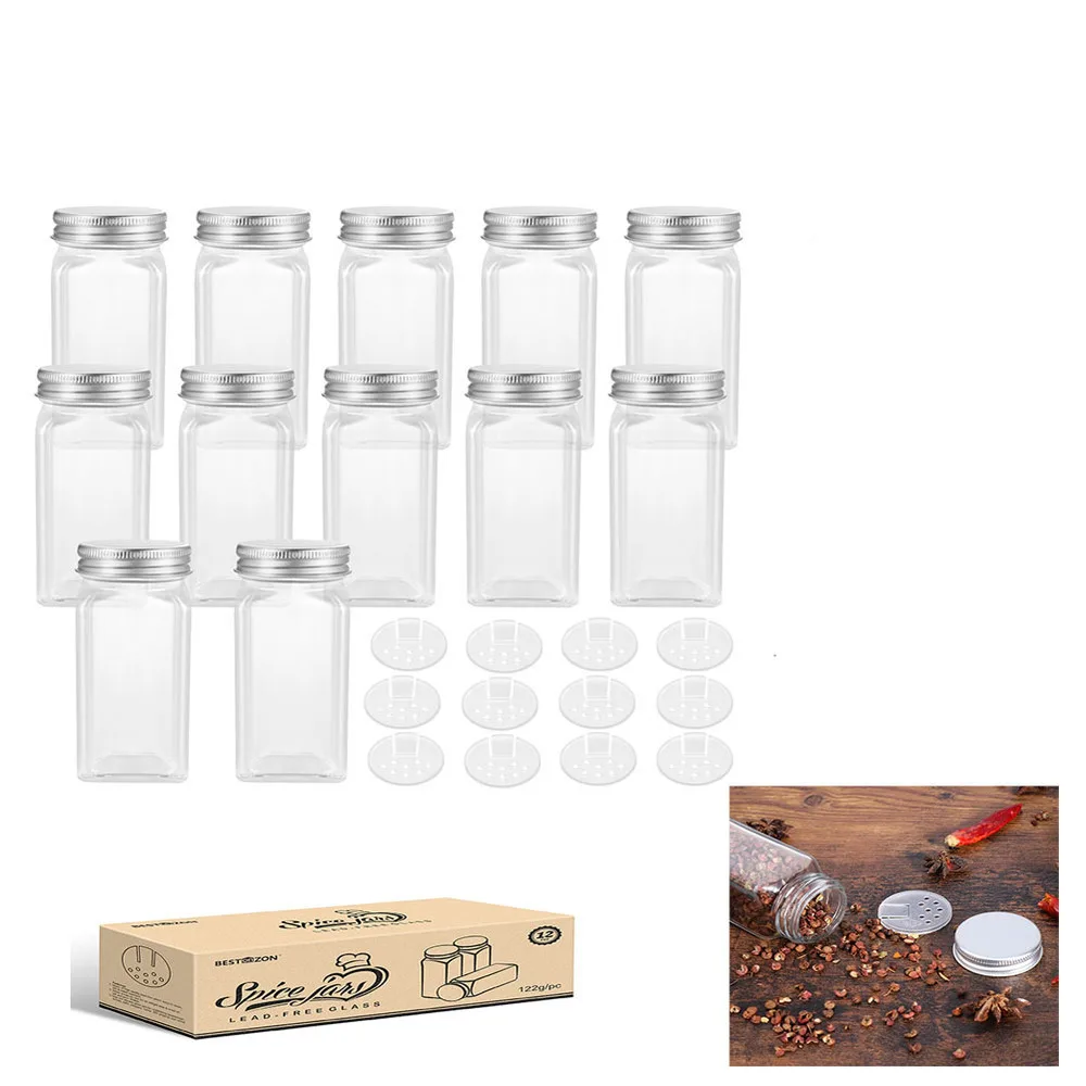 

BESTONZON 12PCS Spice Jars Square Glass Containers Seasoning Bottle Kitchen and Outdoor Camping Condiment Containers with Cover