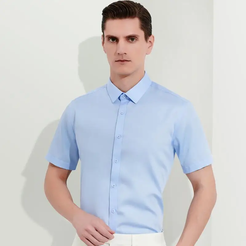 

Men's Summer Short Sleeve 100% Cotton Non-iron Shirt Pocket-less Design Standard-fit Formal Business Solid Basic Dress Shirts