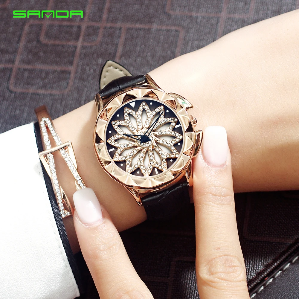 

SANDA 2020 Hot Sell Waterproof Women Watch Beautiful Flower Rotating Dial Quartz Wristwatch Leather Strap Gifts Montre Femme 211