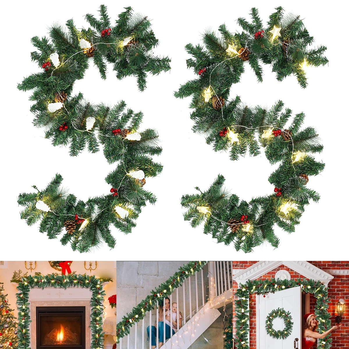 

1.8m Christmas Garland With 10LED Lights String Artificial Christmas Wreath Battery Powered Festive Garland Xmas Rattan Ornament