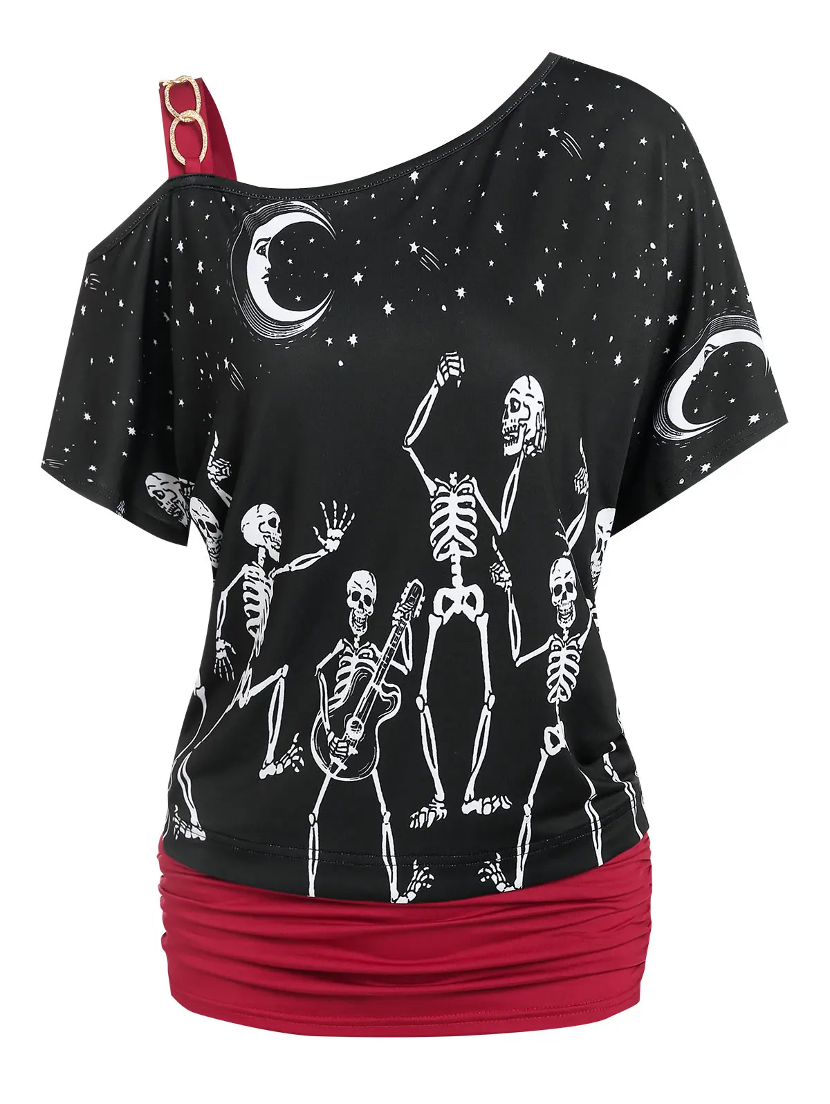 

Moon Star Skeleton Print Chain Detail Ruched T-shirt
