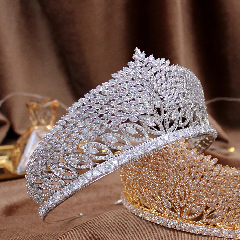 

European Gold Crown Zircon Wedding With Pearl Princess Headband Crown Large Luxury Jewelry Queen Bridal Wedding Tiara Accessory