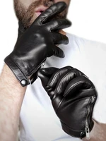 mans side open zipper with button real leather lambskin gloves black