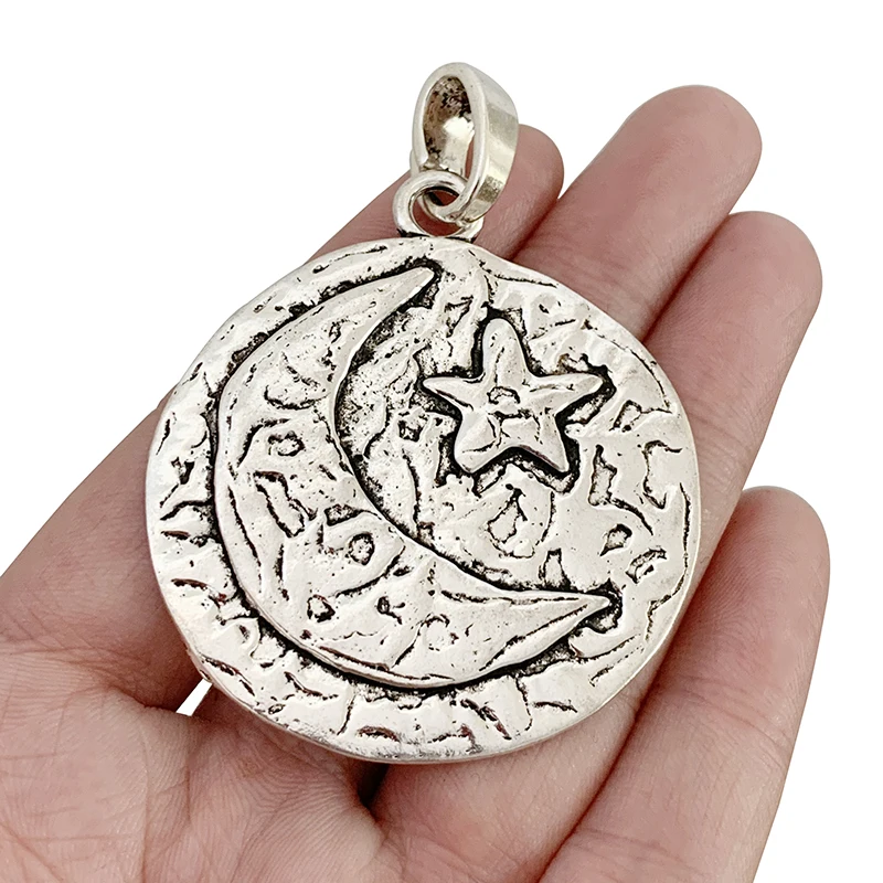 

2 x Antique Silver Color Large Hammered Moon With Star Round Charms Pendants for Necklace Jewellery Making Accessories 55x50mm