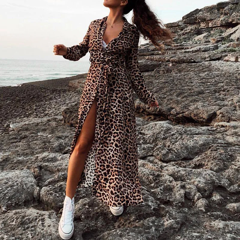 

Sexy Split Maxi Dress Womens Nightclub Dresses New Arrivals 2021 Women Summer Fashion V-Neck Leopard Print Dress Sexy Long Dress
