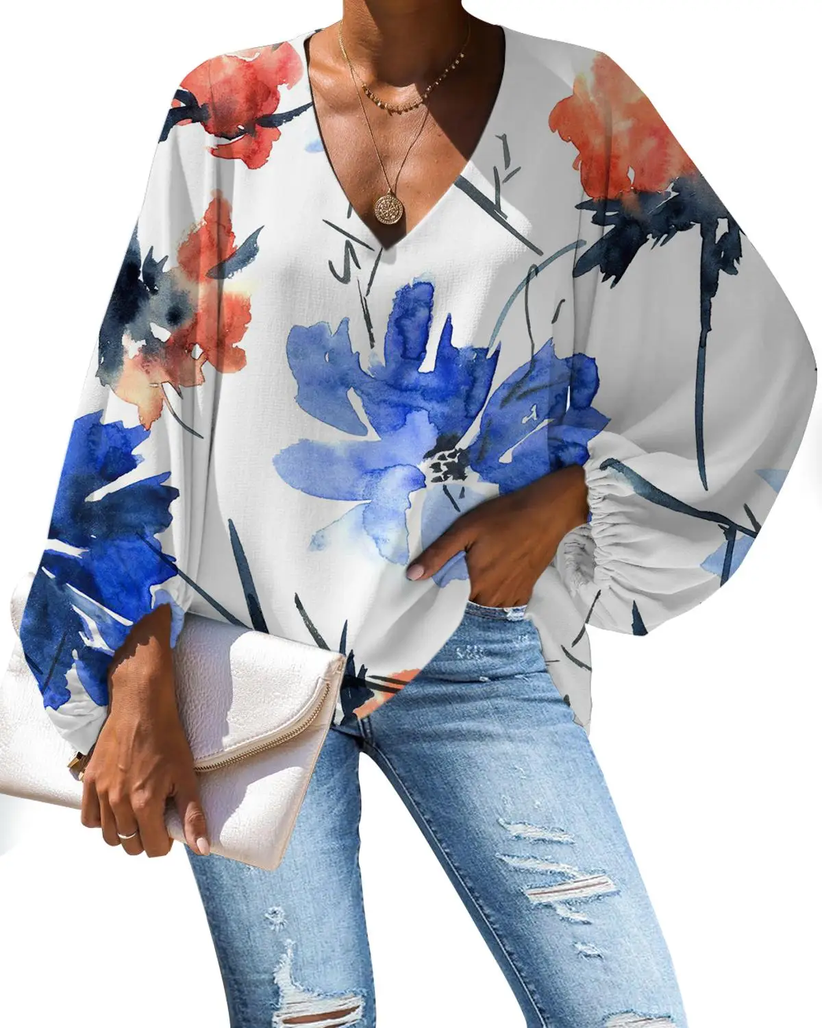 Рубашка женская с длинным рукавом и V-образным вырезом | Женская одежда