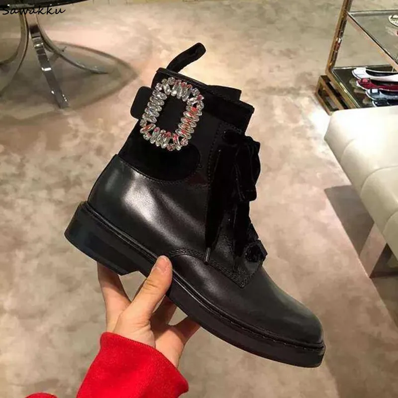 

Prowow Design Crystals Buckle Shoes Woman Black Suede Leather Ankle Boots Cross-tied Lace Up Riding Booties Designer Shoes Women