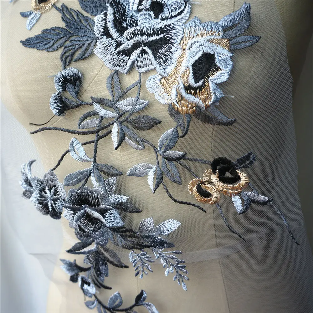 Серый вышитый цветок аппликации кружевной ткани планки Воротник Сетки пришить
