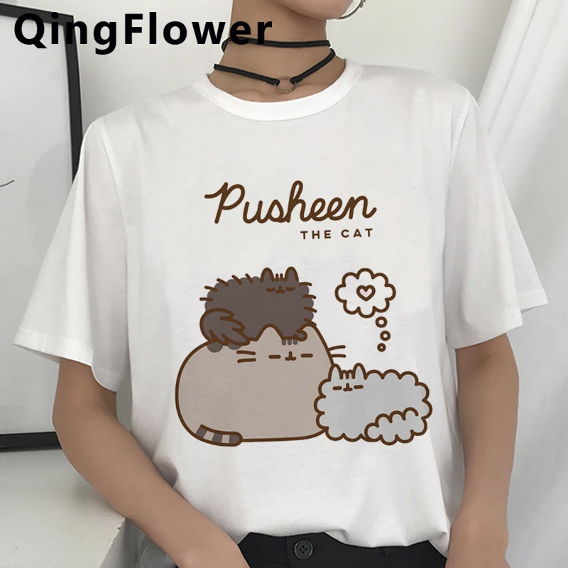 Kawaii Pusheen Кошка забавная футболка для женщин в виде милого героя аниме Harajuku