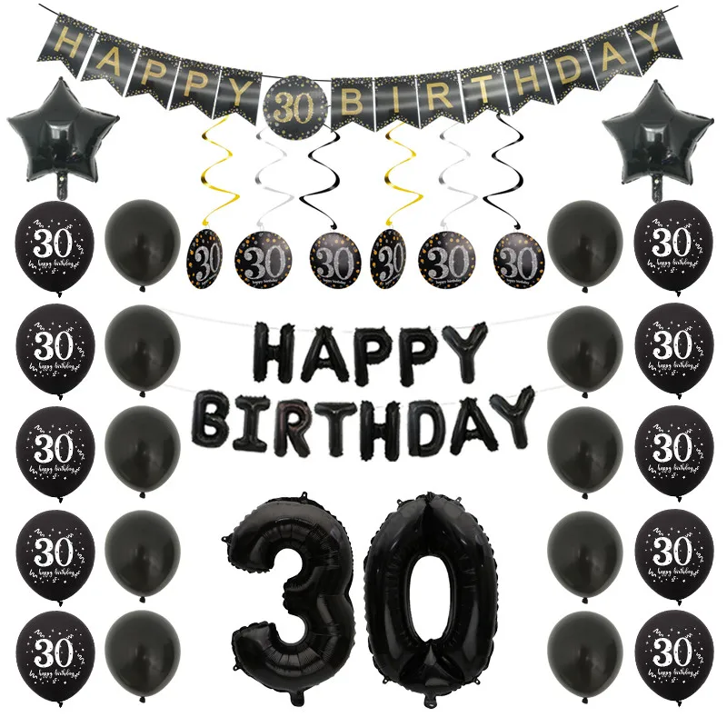 

1Set Black 30th 40th 50th 60th Birthday Party Balloon Banner Spiral Pendant Adult 30 40 50 60 Year Old Anniversary Decor Supplie