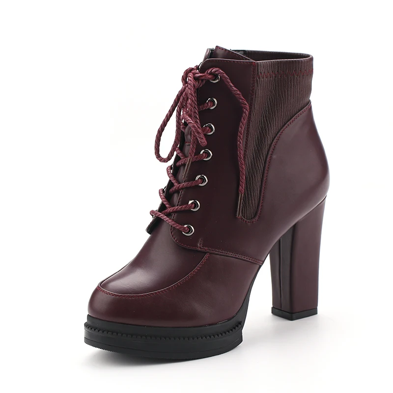 

2019 New Autumn Winter Women Boots High Quality Solid Lace-up European Ladies shoes PU Fashion high heels Boots PM-07