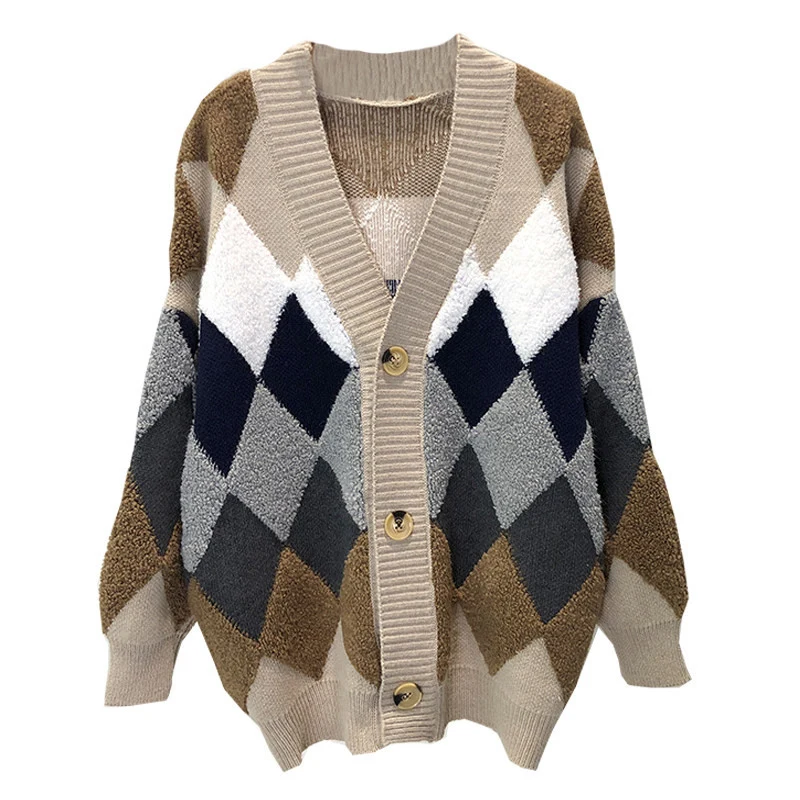 TIGENA Loose Plaid Long Cardigan Women 2020 Autumn Winter Sleeve Knitted Sweater Female Jacket |
