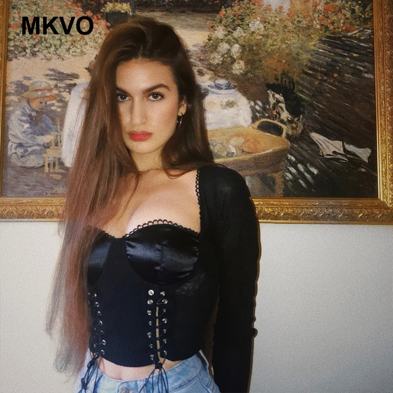 Женская Кружевная футболка с длинным рукавом и круглым вырезом двойным ремешком