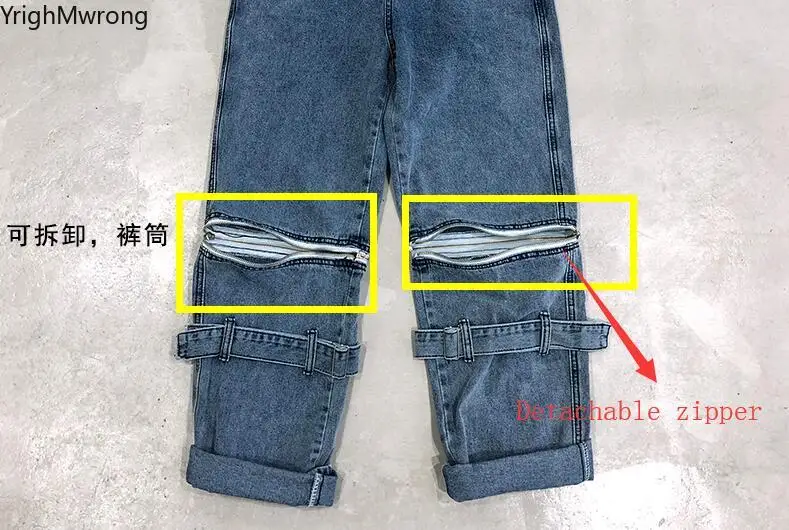 Мужские и женские уличные панк корейские джинсы Harajuku съемное кольцо с молнией пояс Завитая лента свободные джинсовые женские укороченные брюки больших размеров шаровары Хип-хоп