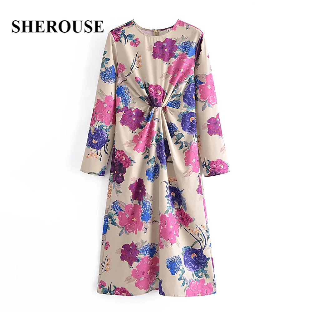 

SHEROUSE Fashion Women Floral Printed Dress with Gathered Detail O-neck Long Sleeves Back Zipper Chic Lady Midi Dresses Woman