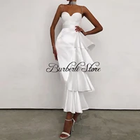 elegant white satin tiered ruffles women party dresses spaghetti strap simple ankle length wedding gowns mermaid formal dress