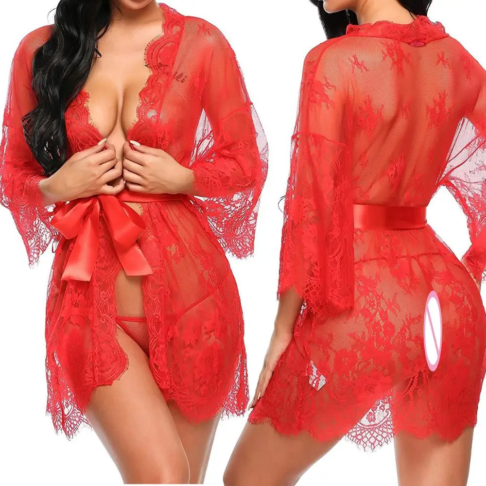 

Sexy Women Lace Night Dress Sleepwear Nightgown Bandage Deep V G-String See Through Sheer Valentine's Day