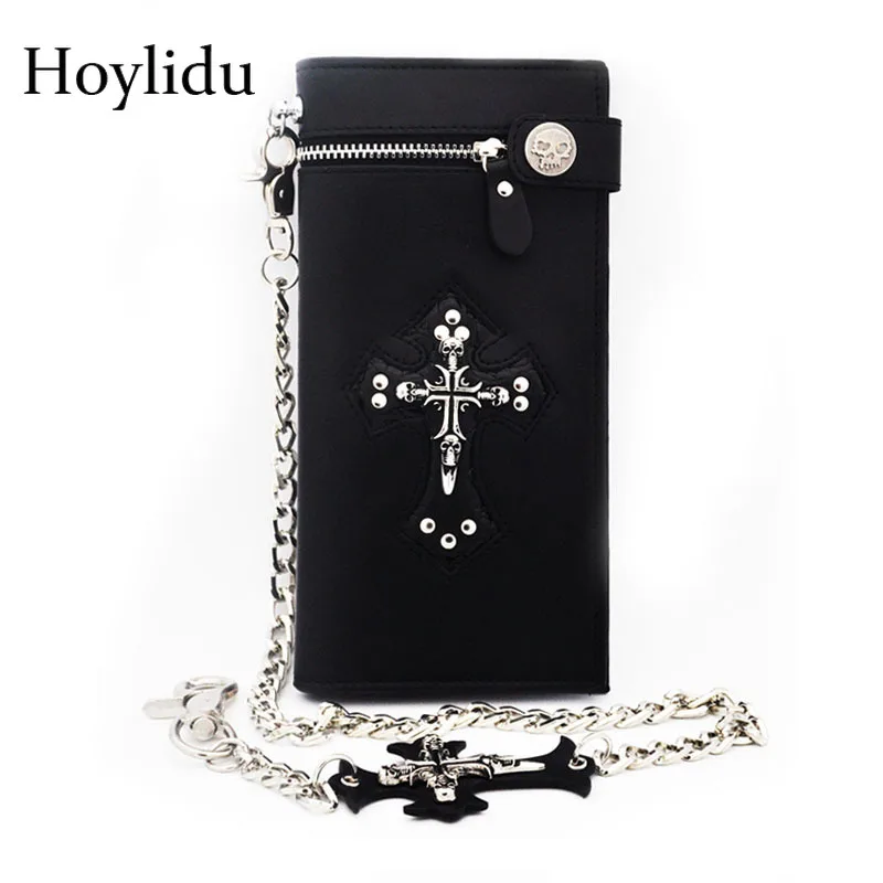 Dark Gothic Punk Long Style Wallet Men Fashion Vintage Skull Cross Leather Luxury Wallets With Chain Boy Hasp Credit Card Purse