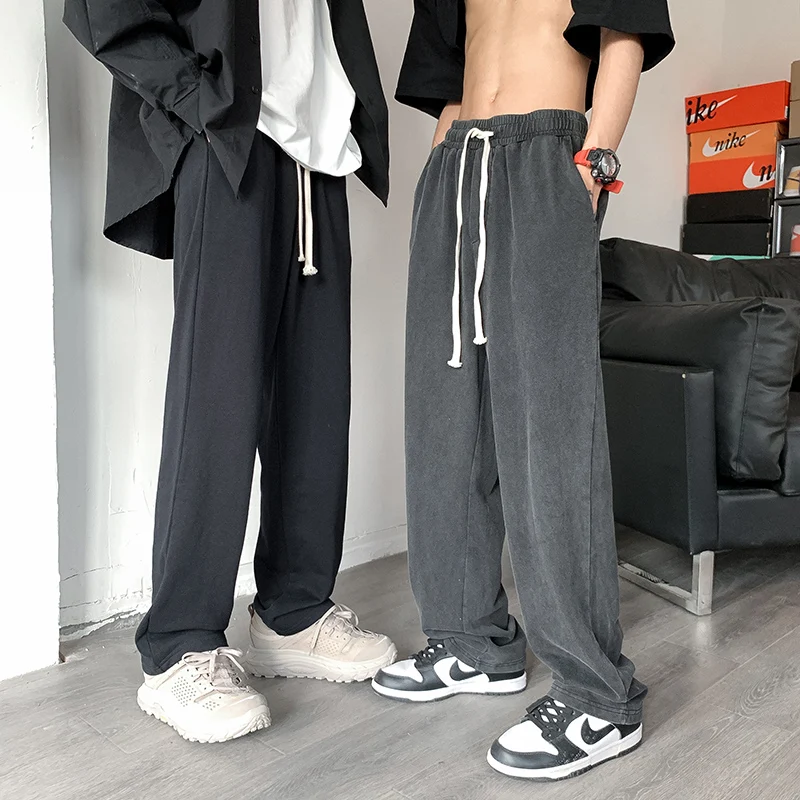 

Autumn Leisure Solid Color Pants Men Loose Straight Casual Trousers Male Elastic Waist Fashion Sweatpants Men All-match Black
