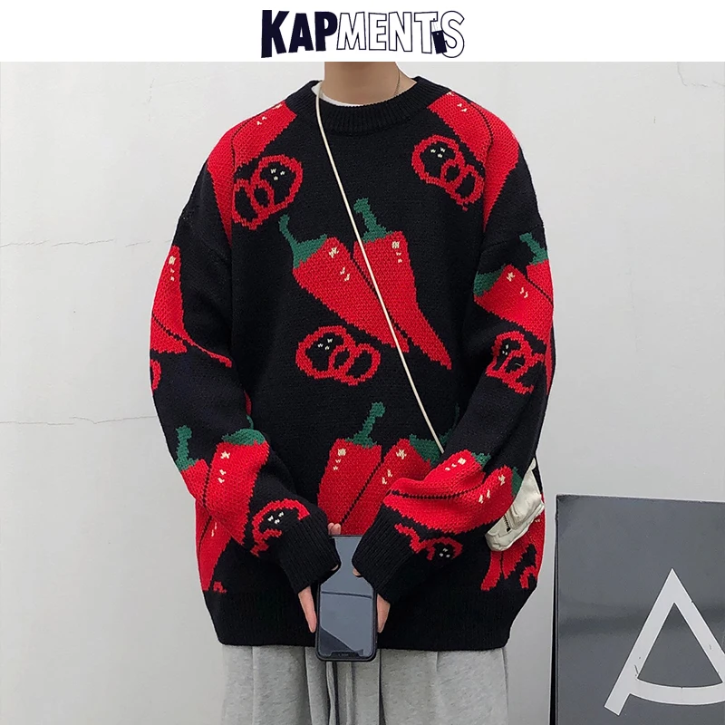 KAPMENTS Men Harajuku Chili Winter Knitted Sweater 2020 Korean Fashions Mens Hip Hop Wool Sweaters Male Vintage Pullover | Мужская