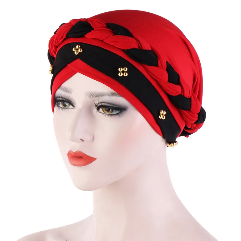 

Two-Color Beaded Braid Hijab Caps Spring and Autumn Muslim Wrap Turban Cap Fashion Cotton Inner Hijabs Bonnet Ready To Wear