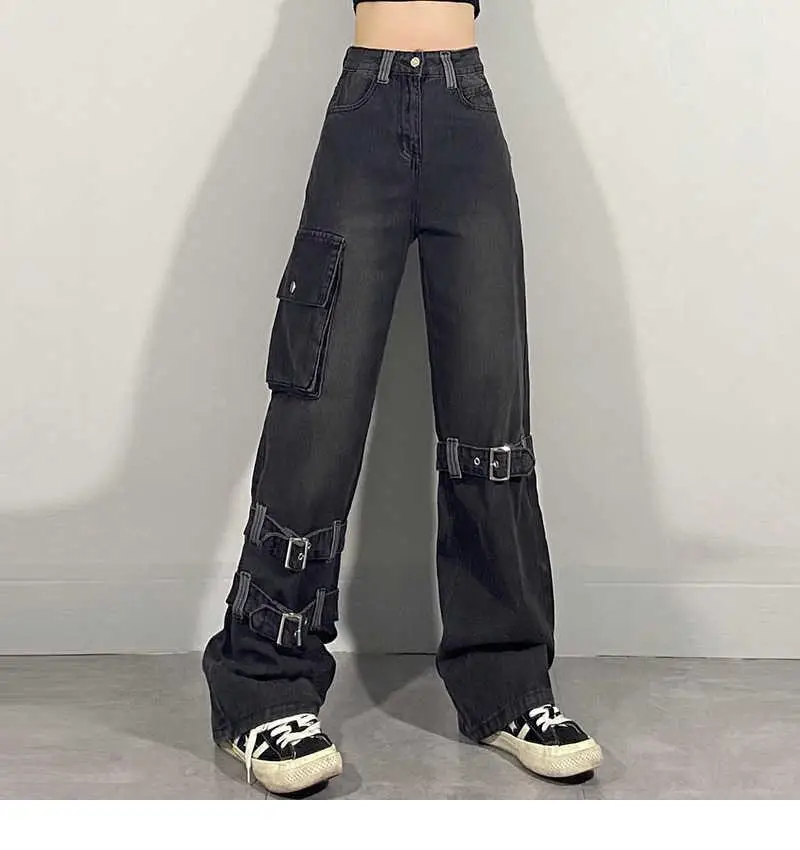 

High Street Zipper Binding Jeans Women's Spring 2021 New High Waist Straight Loose Pocket Denim Cargo Pants Black Jeans