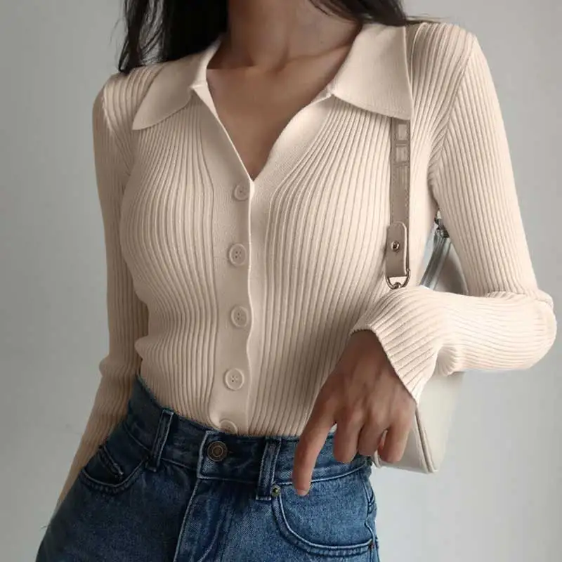 

Women 2021 Lapel Slimming Knitted Tops Ladies Sweater Buttons Sexy V Neck Long Sleeve POLO Neck Cardigan Sweater Cropped Top