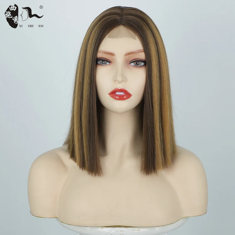 

XISHIXIU Short Straight Lace Front Bob Wig Brown Mixed Blonde Synthetic Wigs for Women Middle Part Natural Looking Glueless Hair
