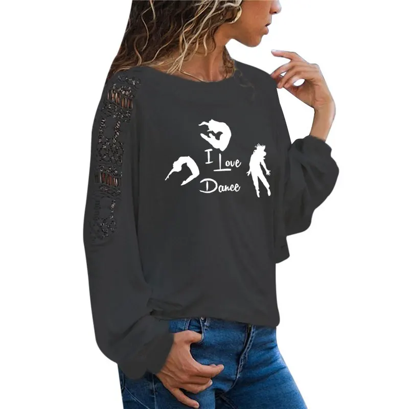 

I Love Dance Women T-shirts Three Dancers Long Sleeve tee shirt femme Female T shirt women Large Size Loose Lace Tee