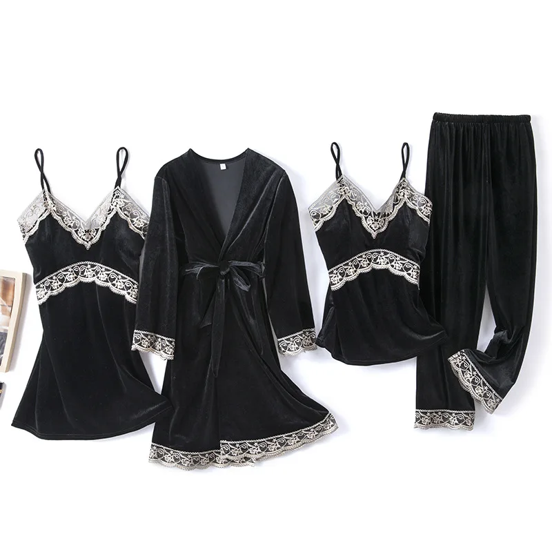 

Черная велюровая Пижама для женщин, пикантная кружевная одежда для сна, пижама с нагрудной подушечкой, 4 предмета, одежда для сна, костюмы, по...