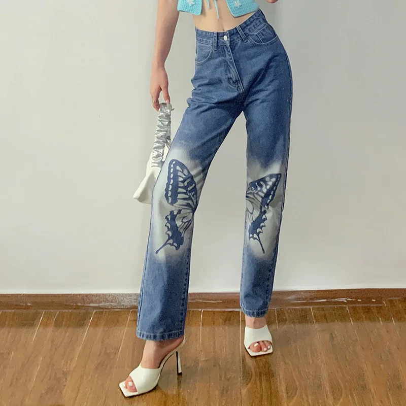

Woman Jeans High Waist Wide Leg Denim Long Pants Blue Streetwear Vintage Straight 2021 Fashion Butterfly Print Harajuku Jeans
