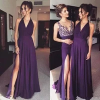 sexy purple side split chiffon halter sheer v neck bridesmaid dresses long maid of honor wedding party guest gowns vestido ni%c3%b1a