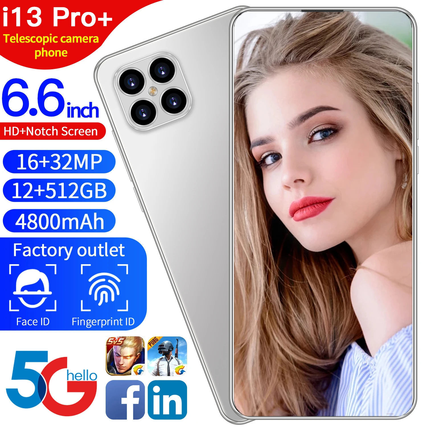 

Hot Sale 5G I13 Pro Smartphone 4800mAh 12GB 512GB 6.6 Inch Notch Screen Snapdragon 888 16MP 32MP Mobile Phone Face ID Cellphone