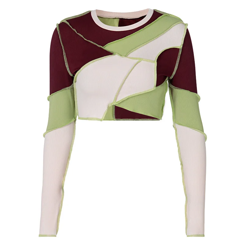 

Spring Autumn Women Clothing Round Neck Contrast Patchwork Long Sleeve Crop Tops Fashion Streetwear Temperament Casual T-shirt