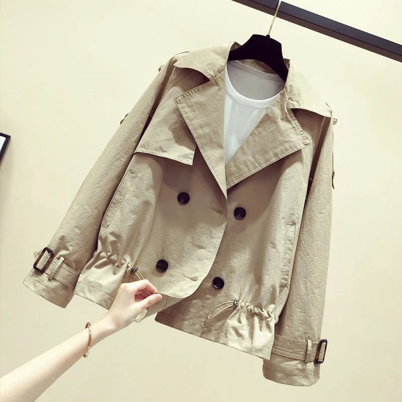 

2020 Spring Autumn Women Jacket Double breasted Short Coat Long Sleeve Casual Windbreaker Female Jacket Khaki Loose Outerwear