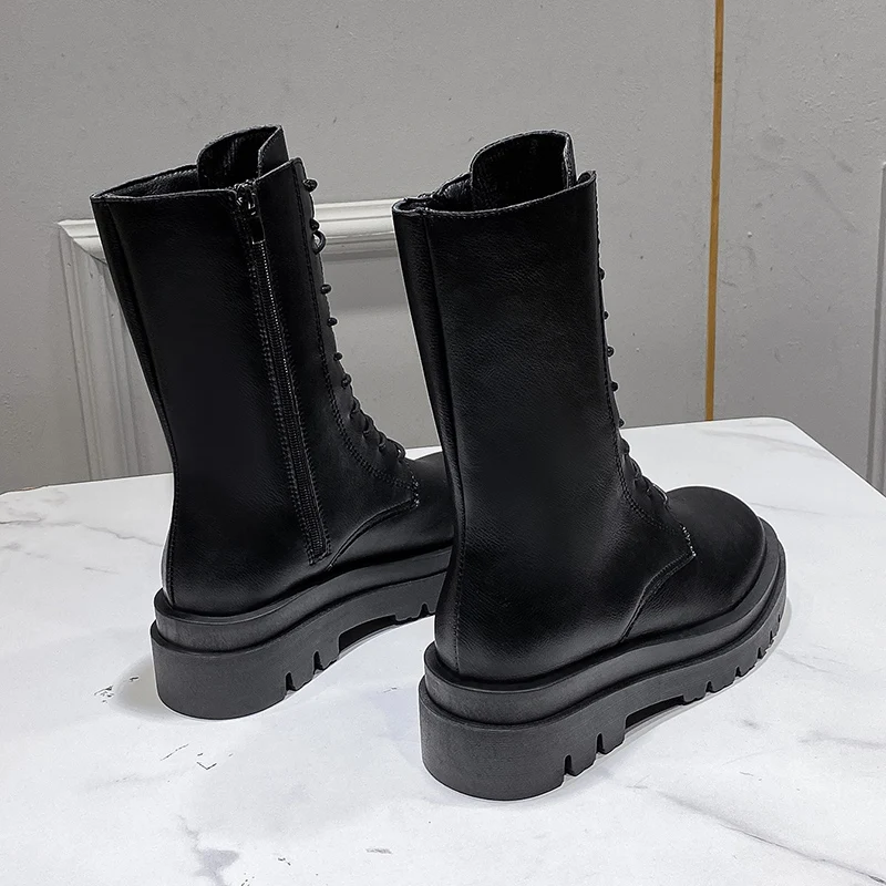 Женские кожаные ботинки на платформе Черные ботильоны в готическом стиле