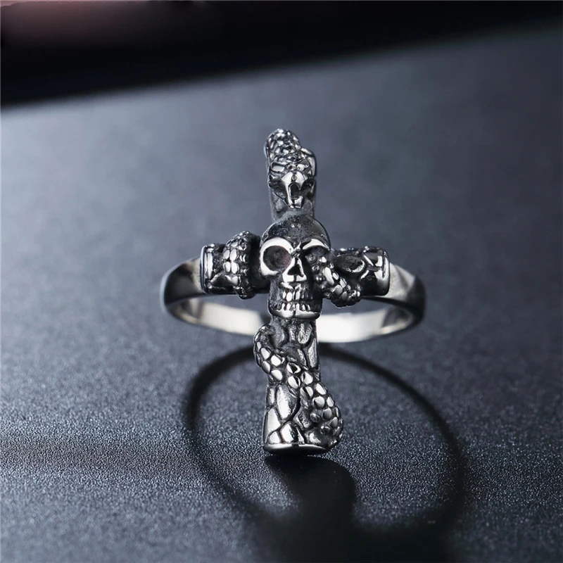 

Punk Style Snake Skeleton Skull Cross Rings For Women Fashion 316l Stainless Steel Wedding Engagement Bands Vintage Jewelry 2021