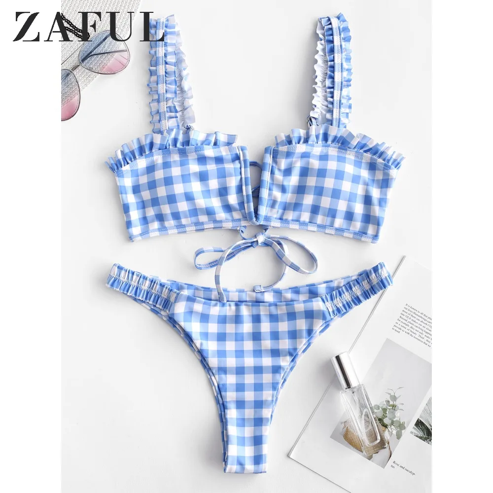 Женский клетчатый комплект бикини ZAFUL с v-образным вырезом рюшами без косточек