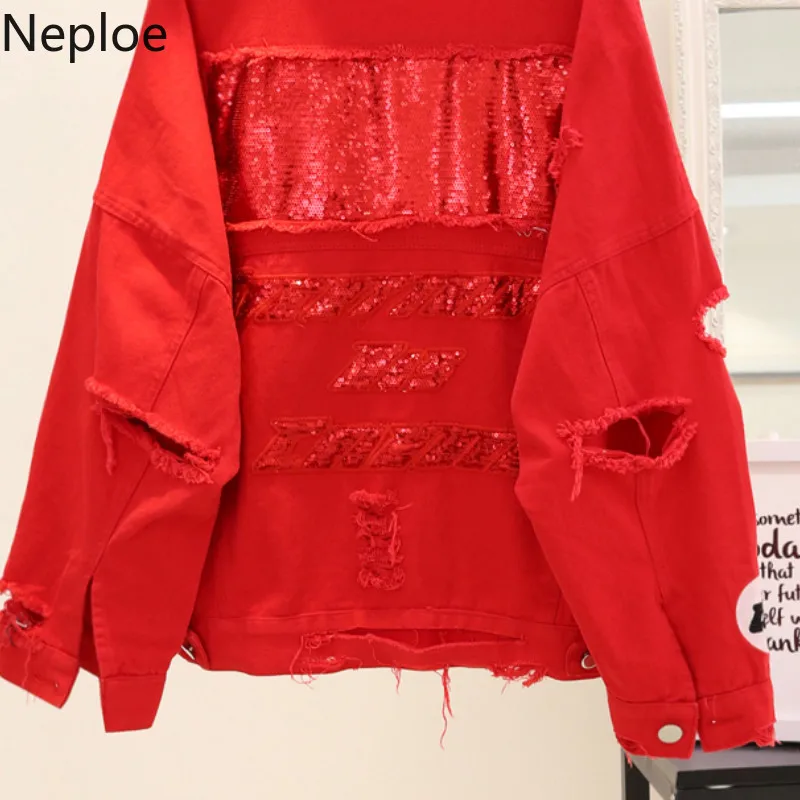 Neploe женские Harajuku джинсы в стиле стрит куртки с надписью блесток бомбер пальто женские потертые рваные красные черные джинсовые куртки