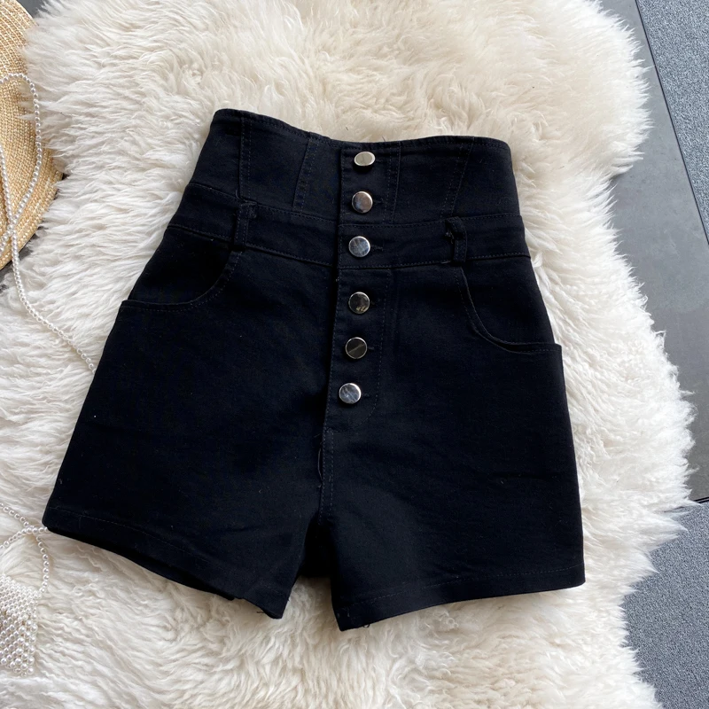 High Waist Single Breasted Denim Shorts Black Retro Women Korean Fashion Slim Casual Simple Sexy Chic Hot Pants Boots Shorts