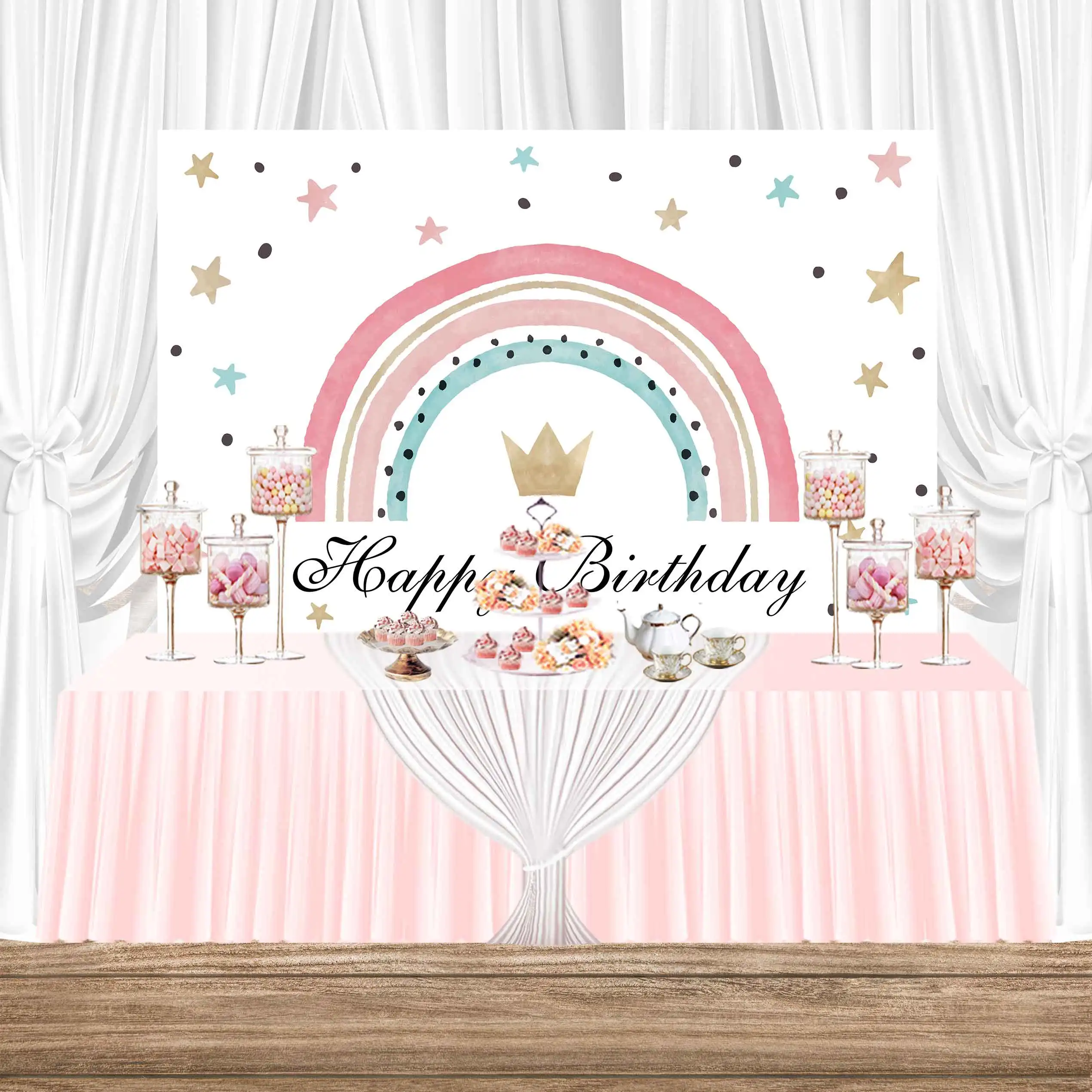 

NeoBack Happy Birthday Baby Shower Watercolor Rainbow Star Girl Pink Crown Party Banner Photo Photography Background Backdrop