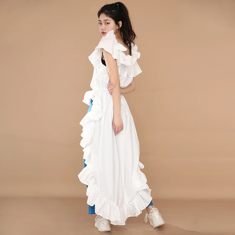 

[EAM] Women White Ruffles Back Long Blouse New Slash Neck Short Sleeve Loose Fit Shirt Fashion Tide Spring Summer 2021 WG86200L