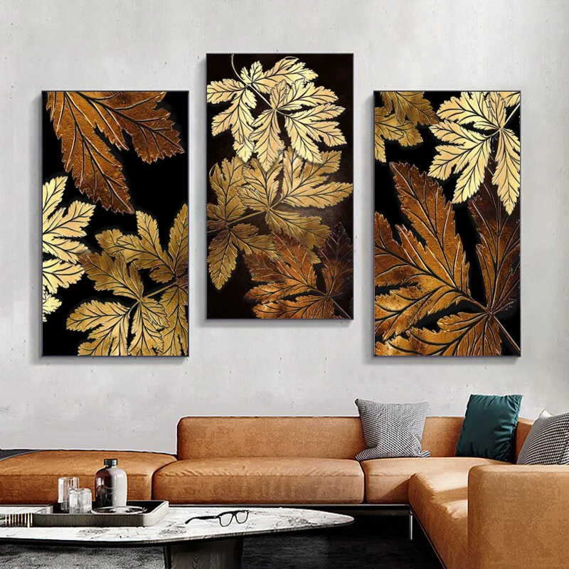

Abstract Golden leaves Canvas Paintings Golden Foil Wall Art Prints Poster Living Room Decorative Paintings Wall Home Decor