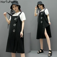 darkness black suspender dress ladies japan style side split spaghetti strap mid length loose fit for girls fashion