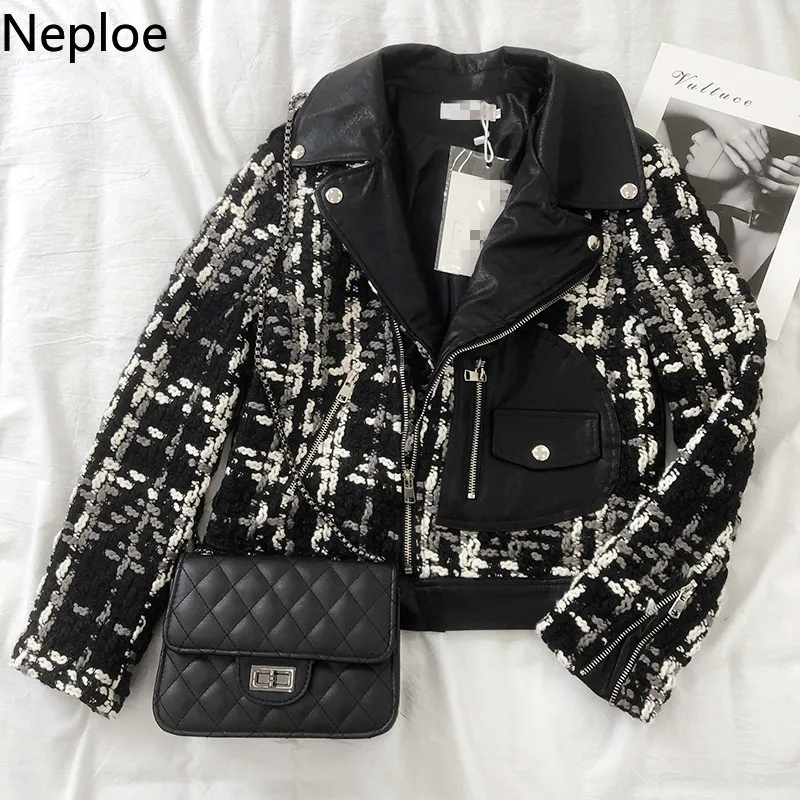 Neploe/осенне зимняя кожаная куртка в стиле пэчворк с отложным воротником и