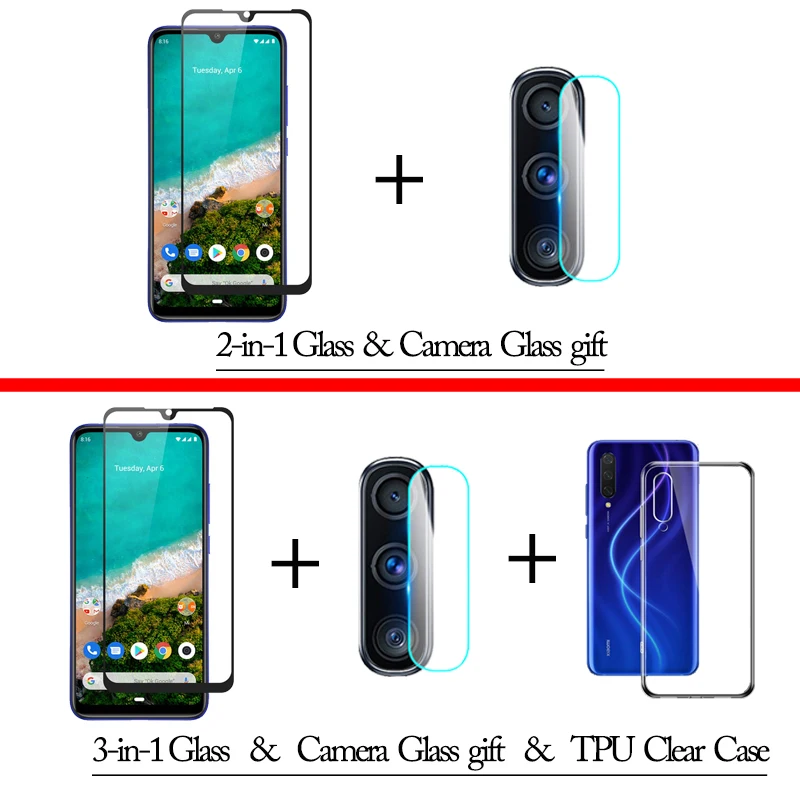 

3-in-1 Case + Camera Tempered Glass For Xiaomi Mi A3 Mi Play Screen Protector Redmi 7-A Full cover glass xiaomi mi a3 3D glass