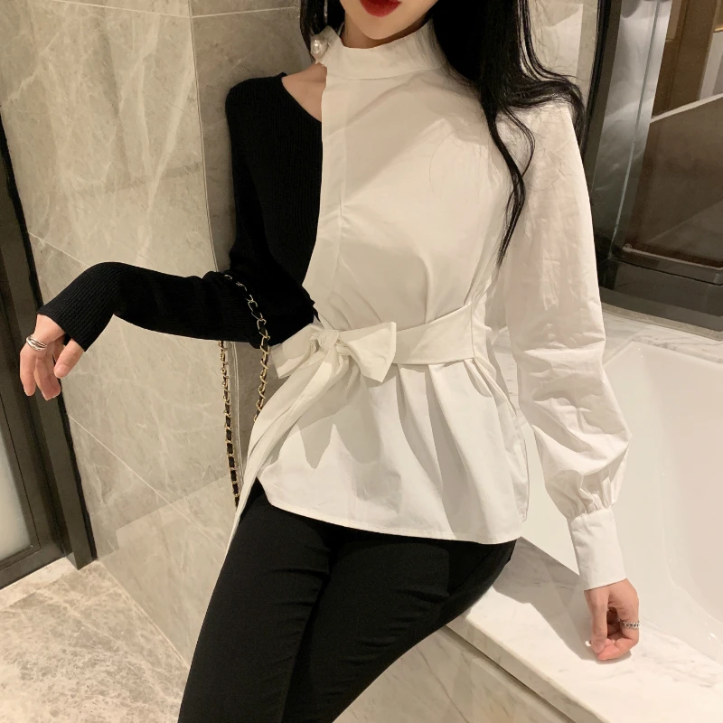 

Korean Blouse Tops 2021 Spring Long Sleeve Hollow Out Patchwork Sashes Elegant Outwear Fashion Office Ladies Shirt Blusas