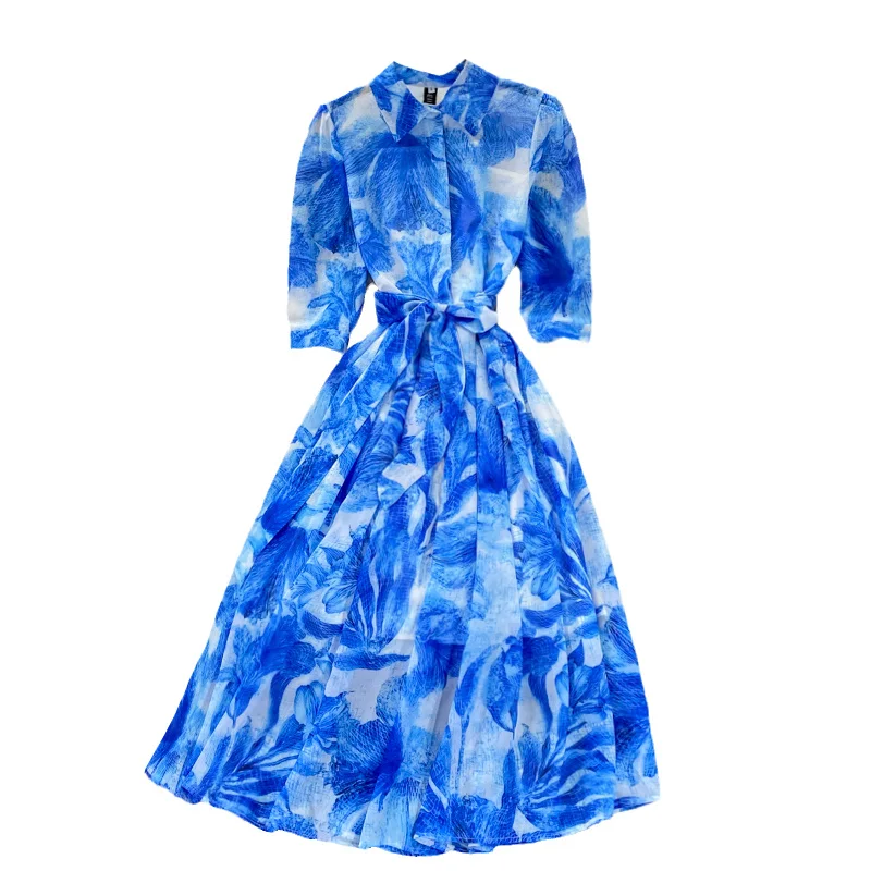

Korean chic thin ink print bubble sleeve high waist thin Lapel dress elegant long dress