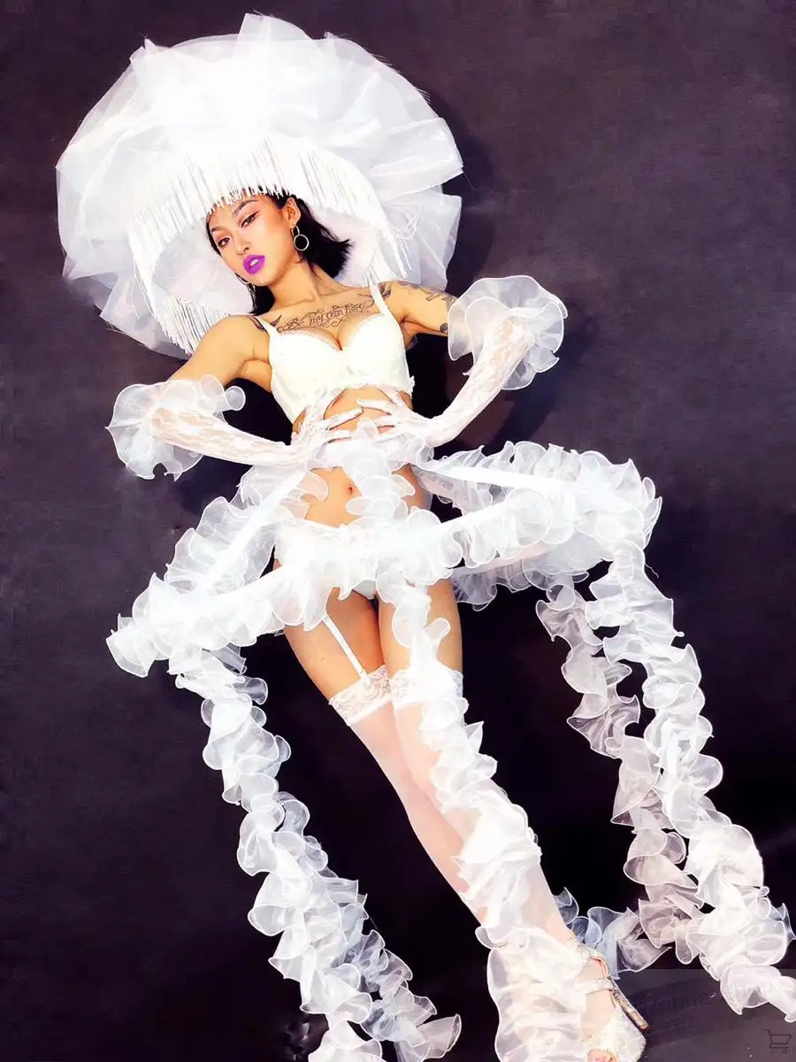 Певица танцевальная Gogogo шоу представление белое кружево сексуальная Медуза