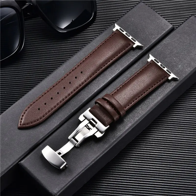 Leather Watchbands for Apple Watch 8 7 6 5 4 3 SE Butterfly Clasp Replace Wrist Strap 38mm 40mm 41mm 42mm 44mm 45mm iwatch Band